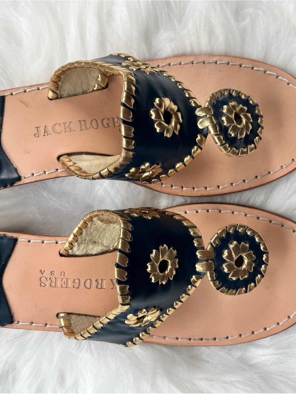 Jack Rogers Blue Leather Gold-Trimmed Millennial Sandals